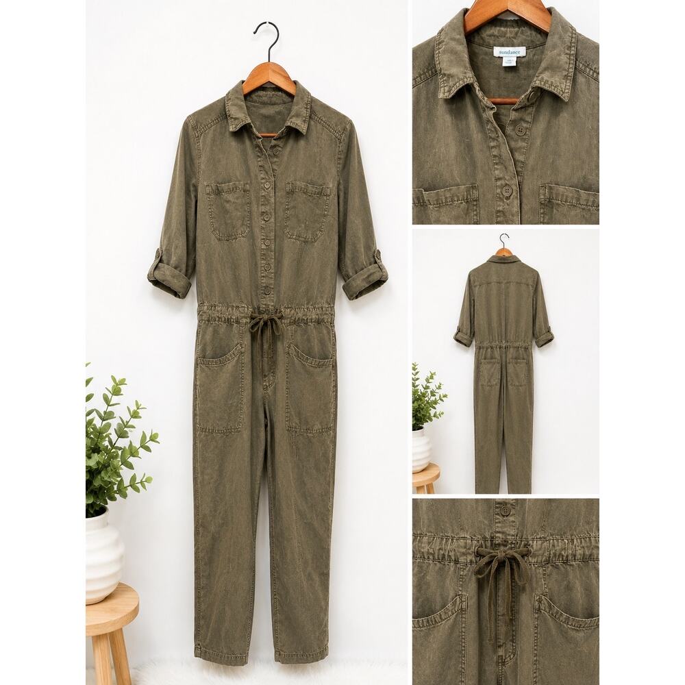 Anthropologie Sundance Olive Green Utility Jumpsuit Size S Drawstring Button Up - Picture 2 of 3